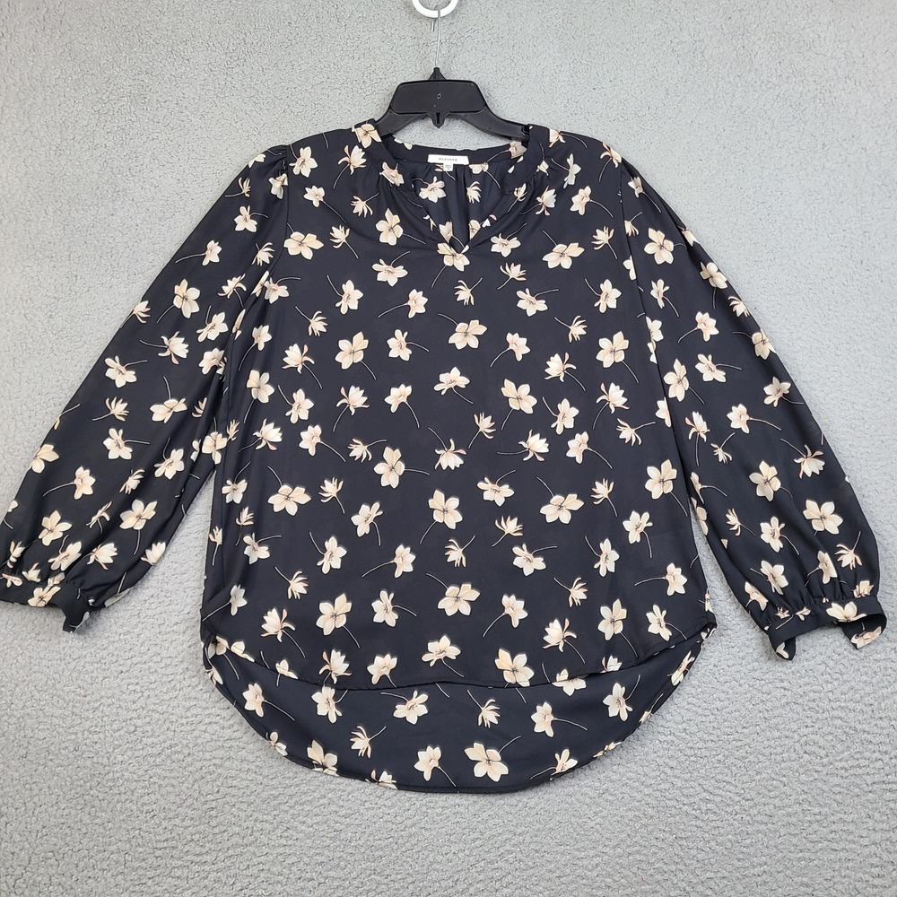 Pleione Blouse Womens Medium Black Floral Split V Neck Blouse Long Sleeve
